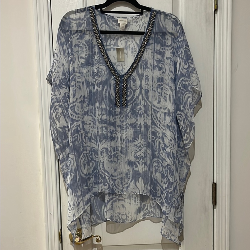 Chico’s Striped Scrolls Maureen Body Poncho size small/medium NWT